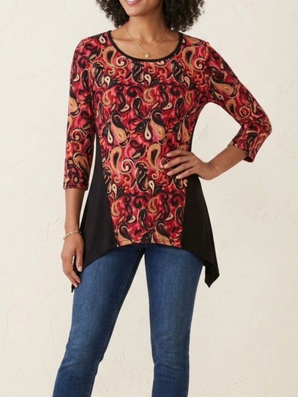 Paisley Sharkbite Hem Tunic Top Red Black Gold XS S No Size Tag Boho